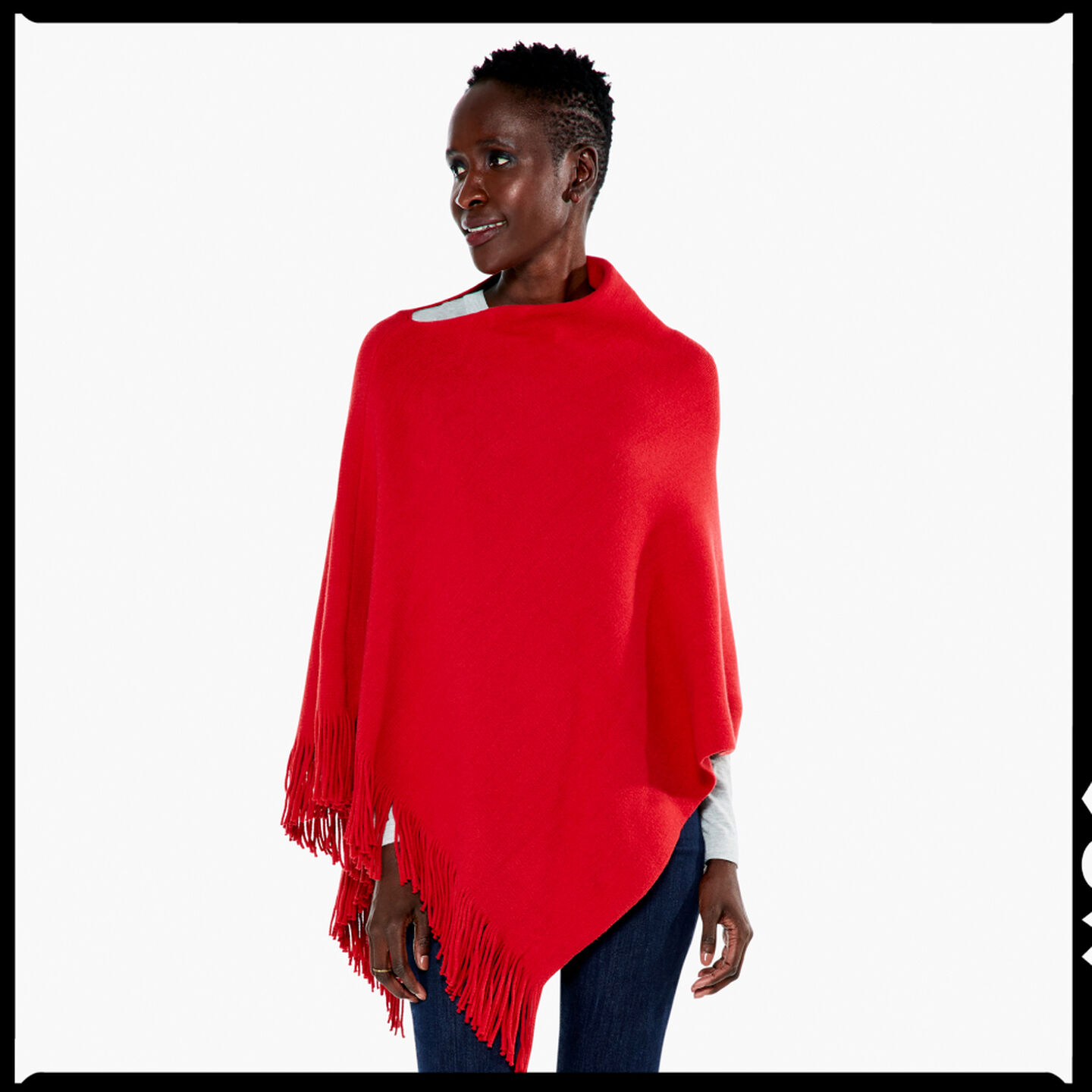 Black woman wearing bright crimson shawl.