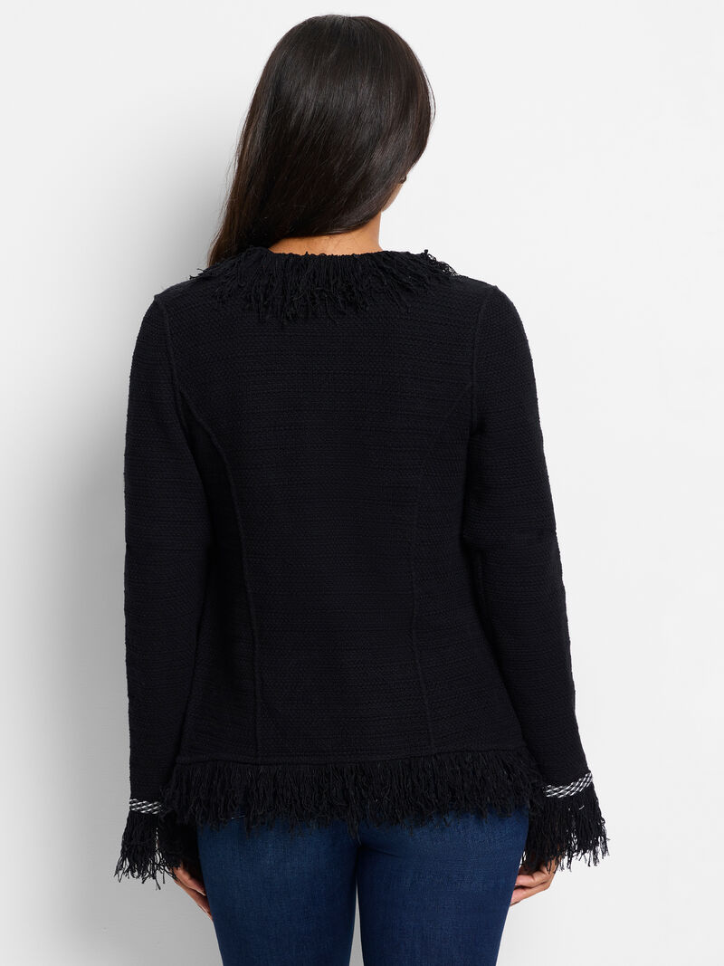Woman Wears Statement Fringe Mix Knit Jacket image number 3