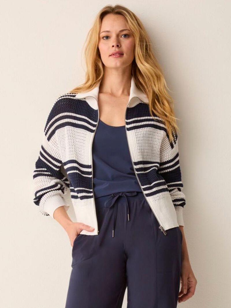 Woman Wears Mixed Stripe Zip Front Sweater Jacket image number 0
