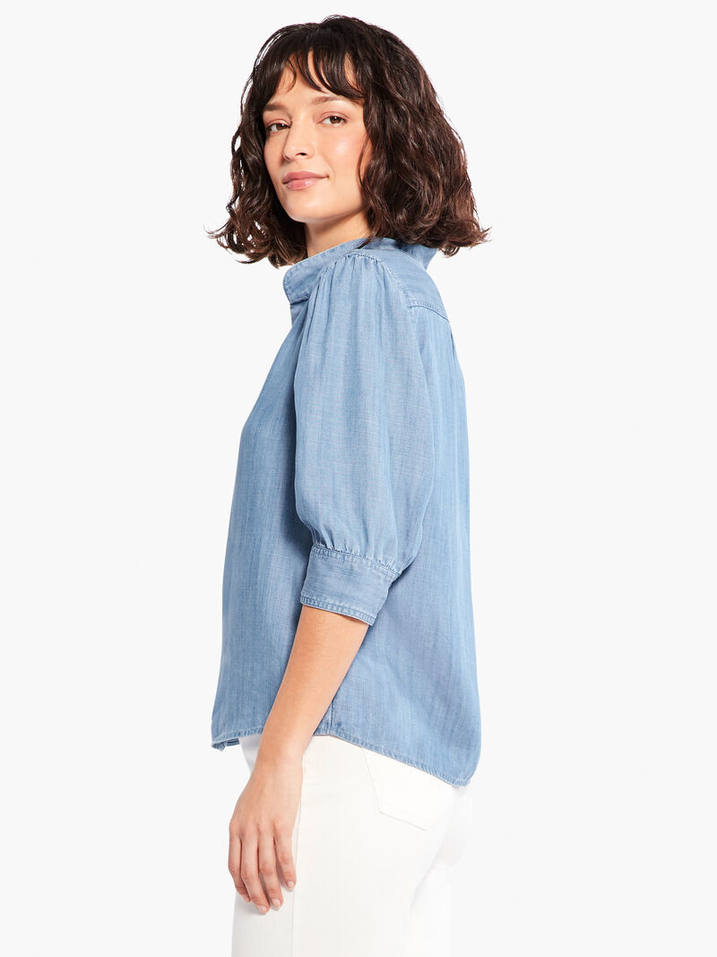 Woman Wears Femme Sleeve Denim Shirt image number 1