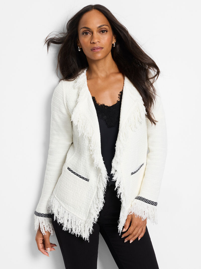 Woman Wears Statement Fringe Mix Knit Jacket image number 1
