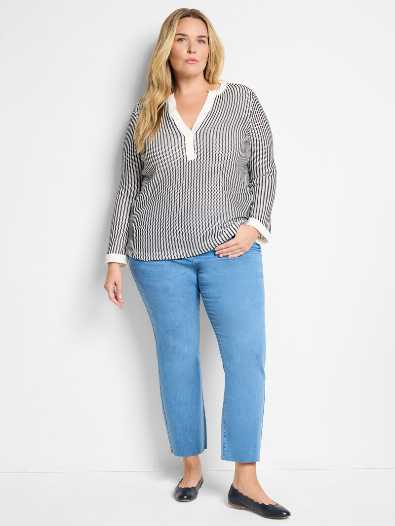 Woman Wears Zig Zag Split Neck Top image number 1