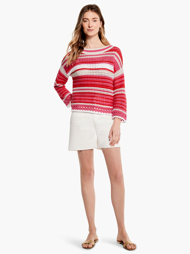 Woman Wears Colorful Crochet Sweater image number 3