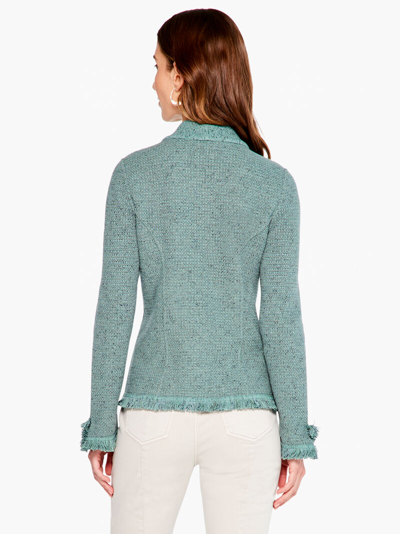 Woman Wears Collared Fringe Mix Knit Jacket image number 2