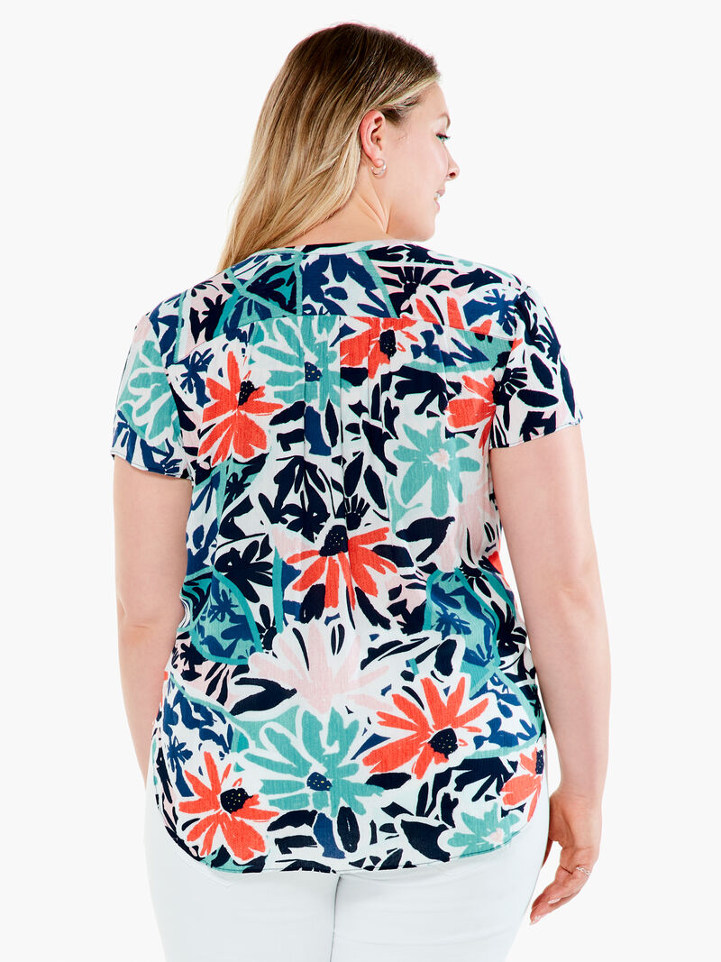Woman Wears Tropical Patchwork Top image number 2