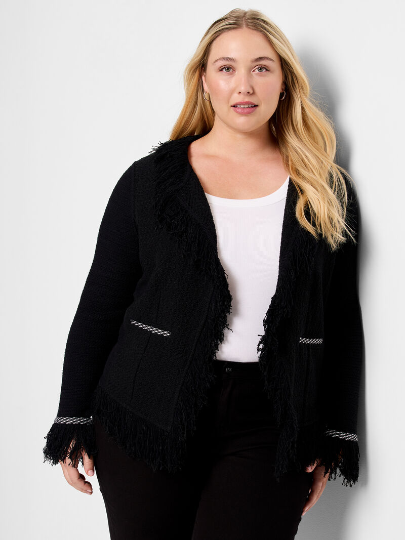 Woman Wears Statement Fringe Mix Knit Jacket image number 0