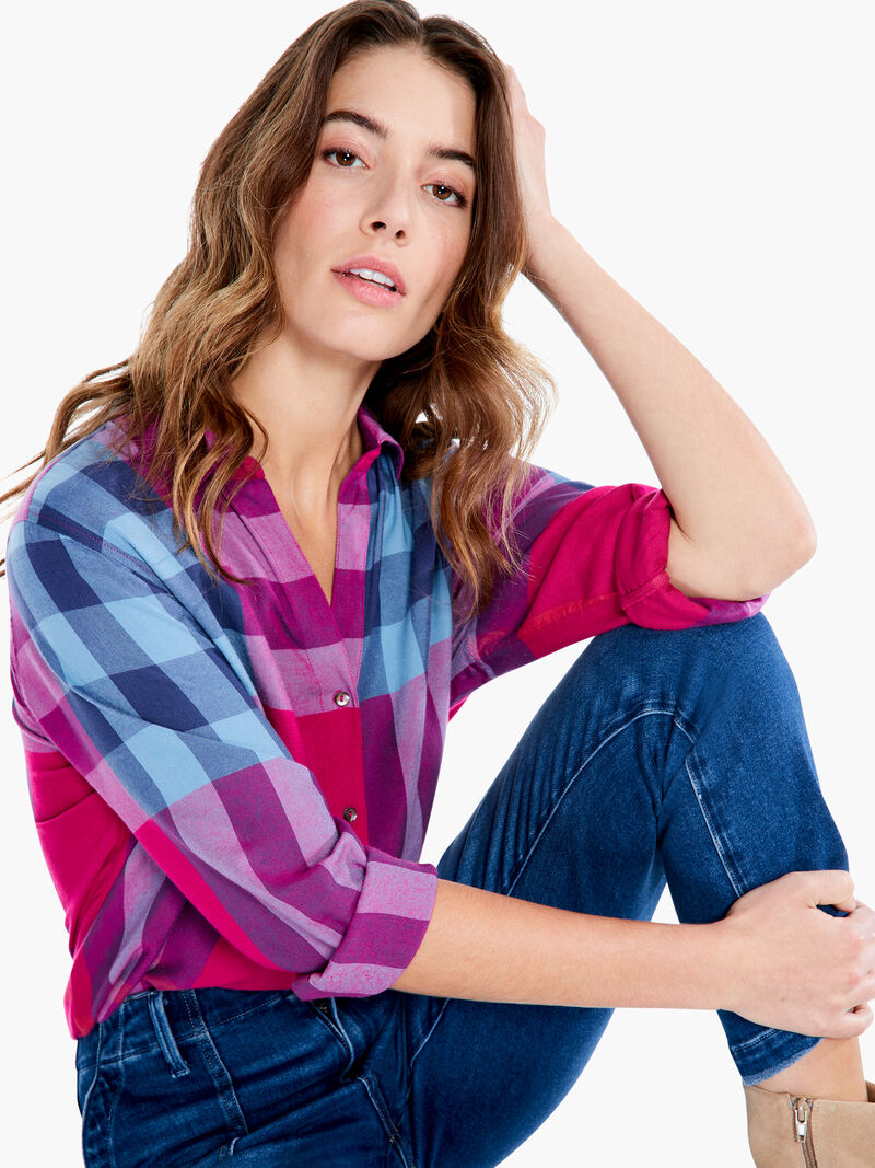 Woman Wears Punchy Plaid Shirt image number 0