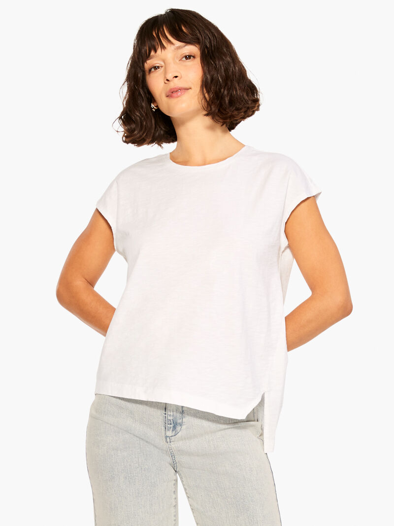 Woman Wears NZT Short Sleeve Crew Asymmetrical Tee image number 0