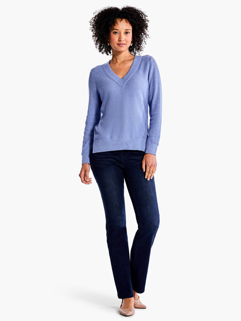 Woman Wears Waffle Stitch V-Neck Sweater image number 3