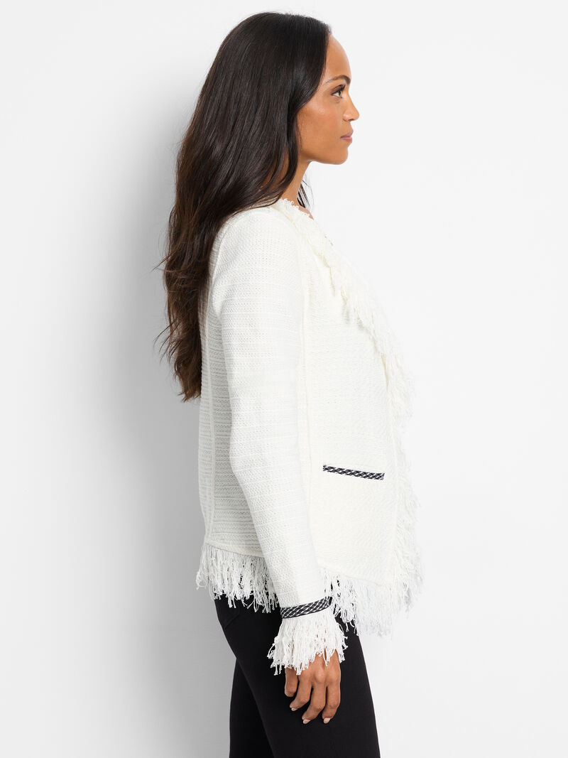 Woman Wears Statement Fringe Mix Knit Jacket image number 3