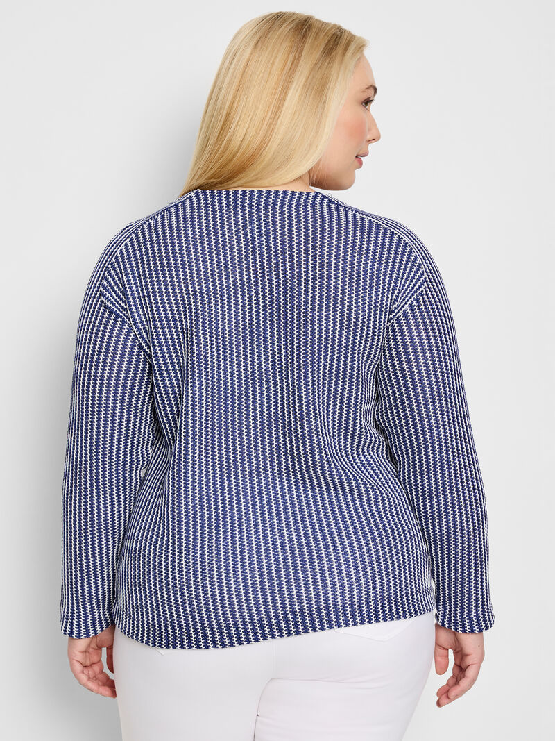 Woman Wears Zig Zag Blues Knit Top image number 3
