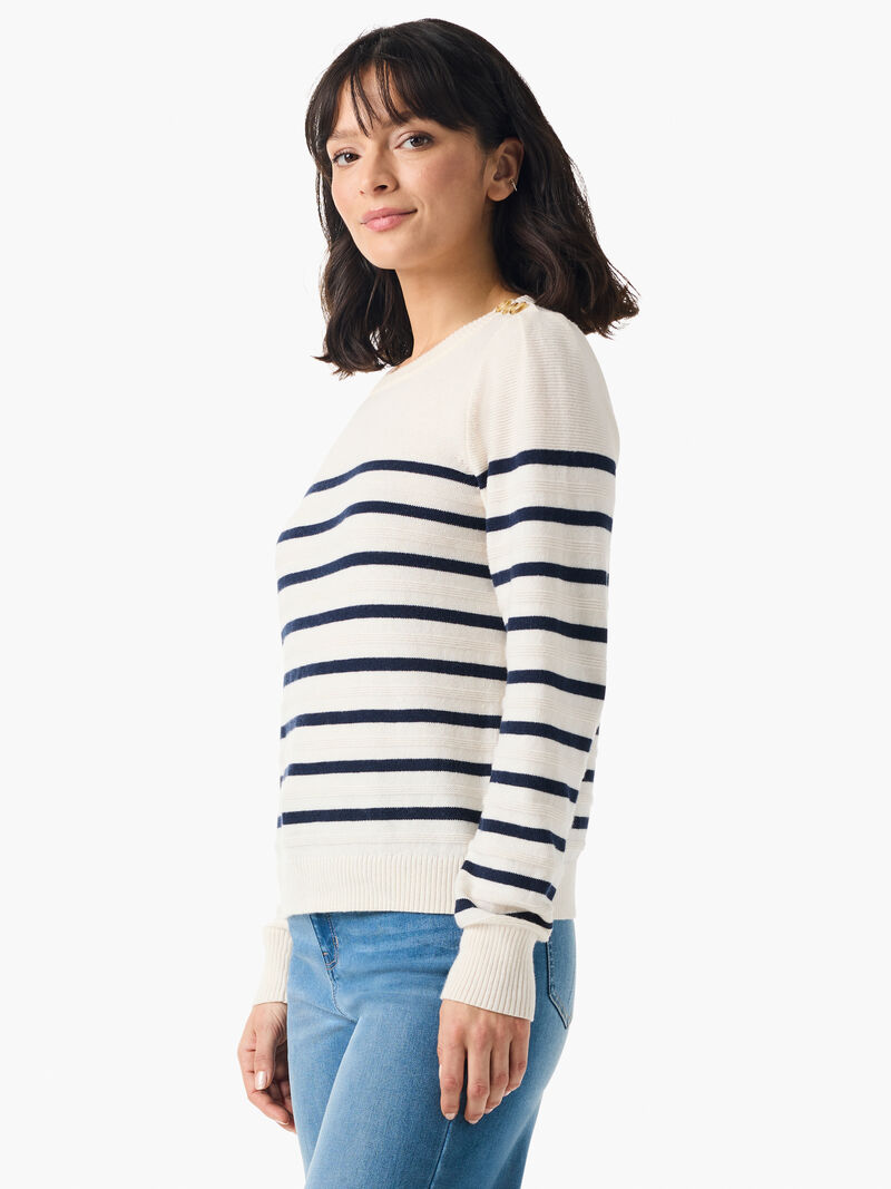 Woman Wears Stripe Button Shoulder Cashmere Sweater image number 3