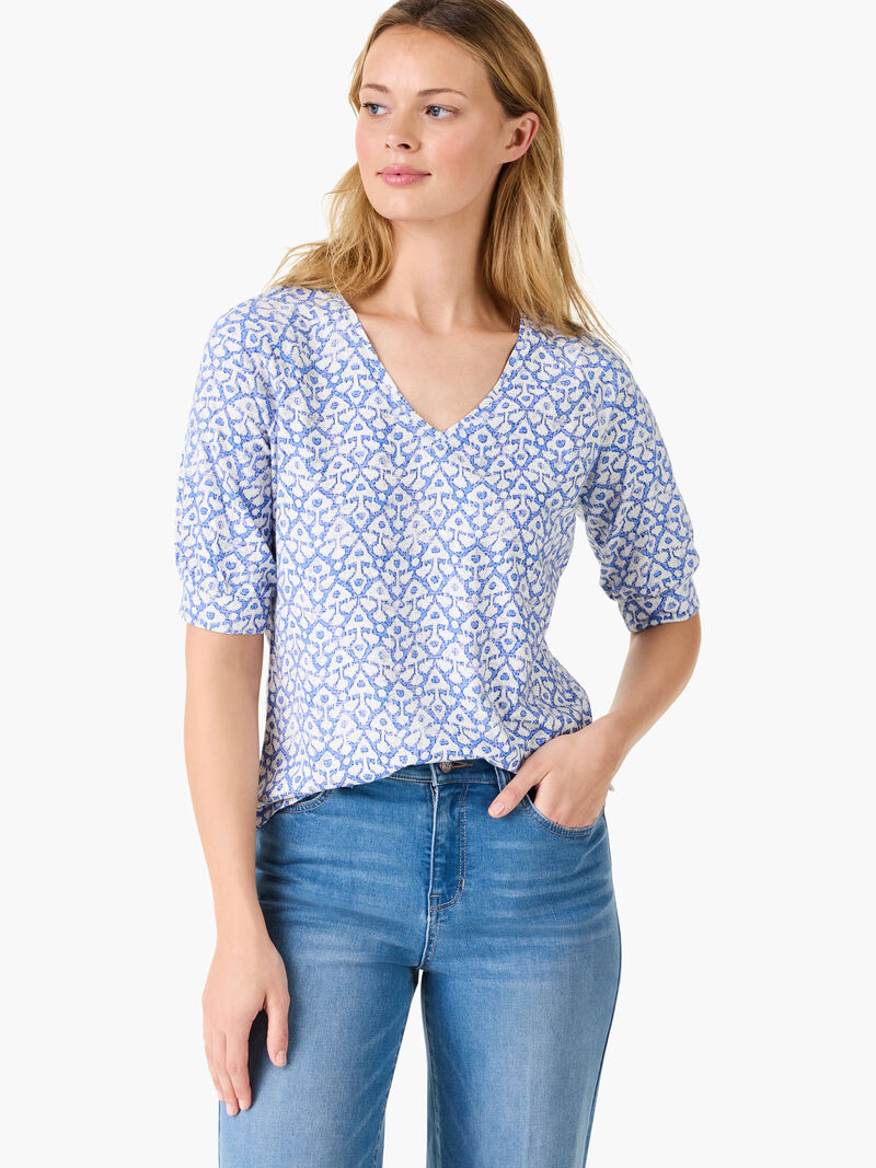 Woman Wears NZT Dotty Ikat Elbow Sleeve V-Neck Tee image number 0