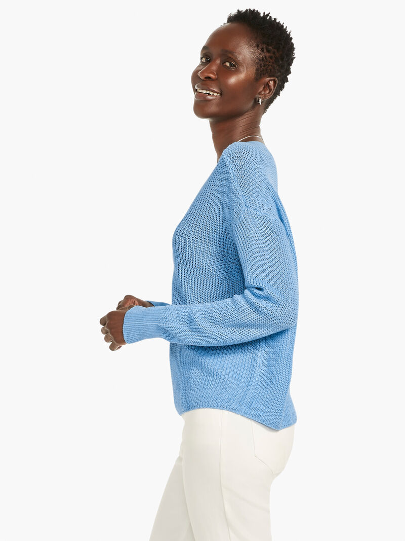 Woman Wears Textural V-Neck Summer Sweater image number 1