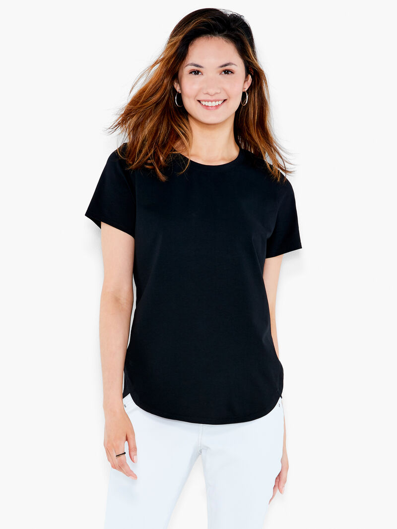 Woman Wears NZT Short Sleeve Shirt Tail Crew Neck Tee image number 0