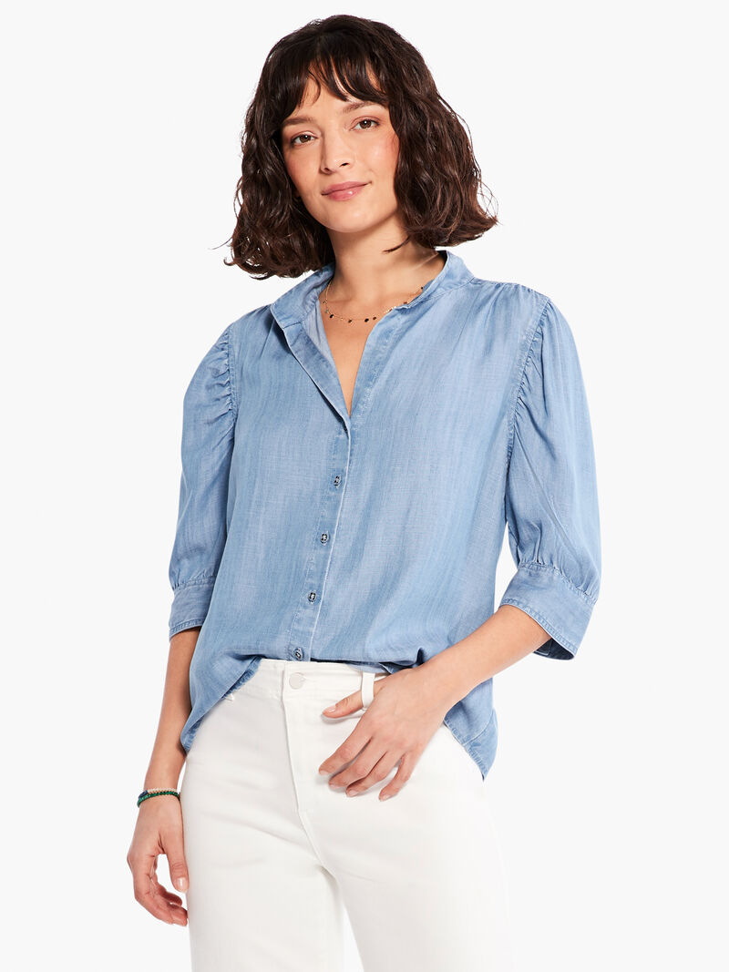 Woman Wears Femme Sleeve Denim Shirt image number 0