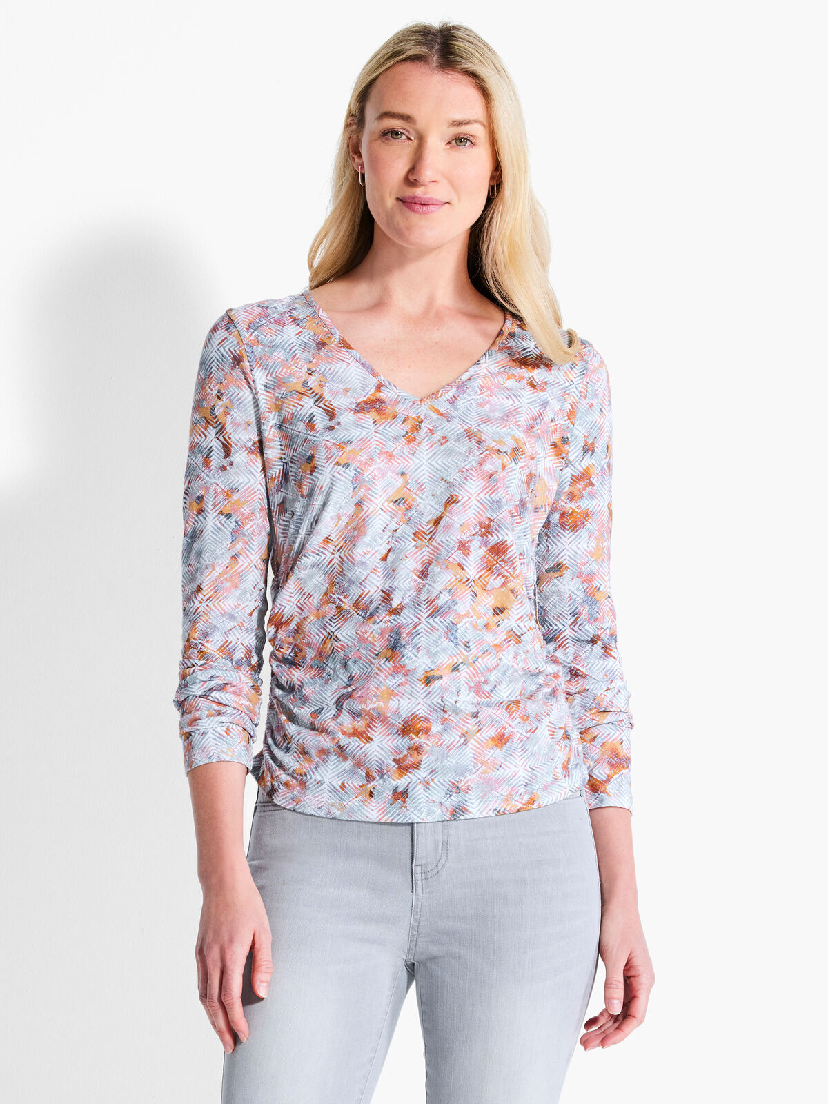 NZT Blurred Grid Long Sleeve V-Neck Ruched Tee