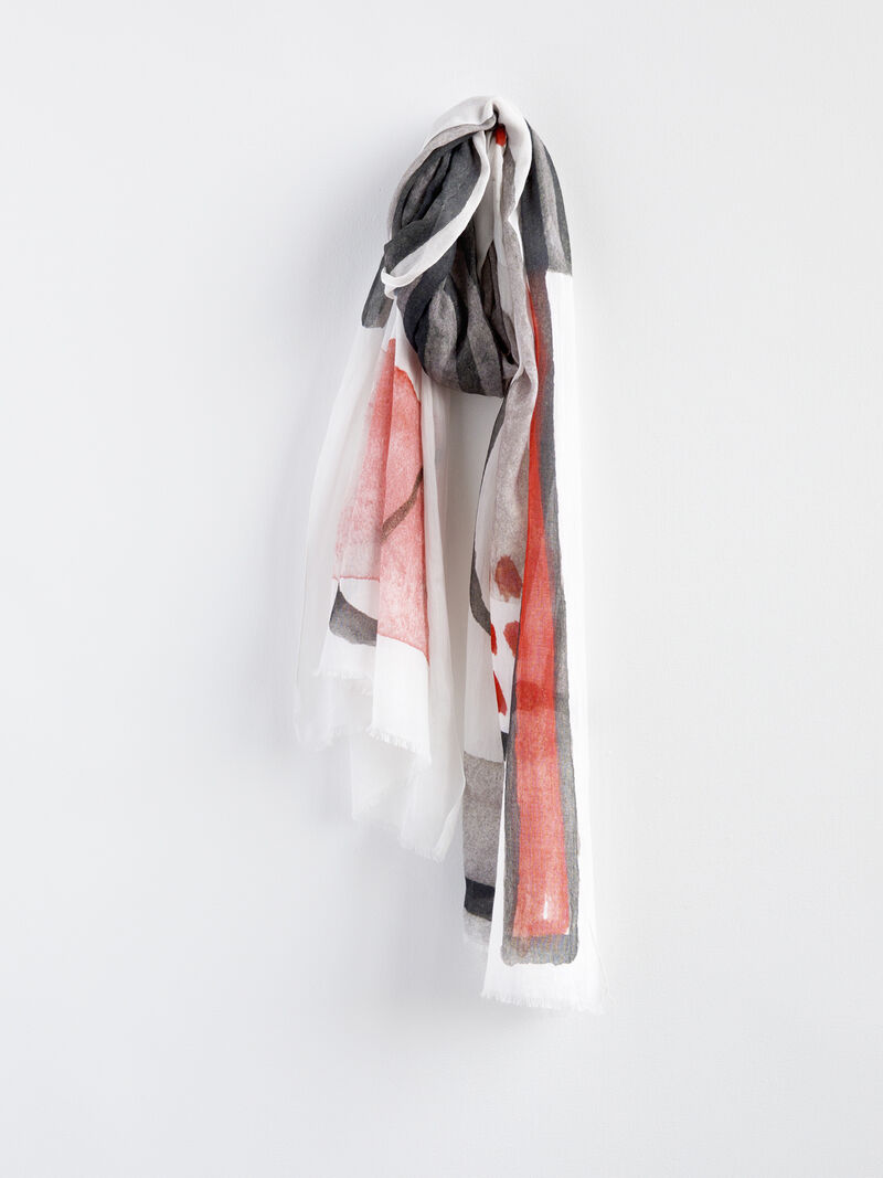Woman Wears DEBBIE MARTIN MONOCHROME ABSTRACT SCARF image number 0