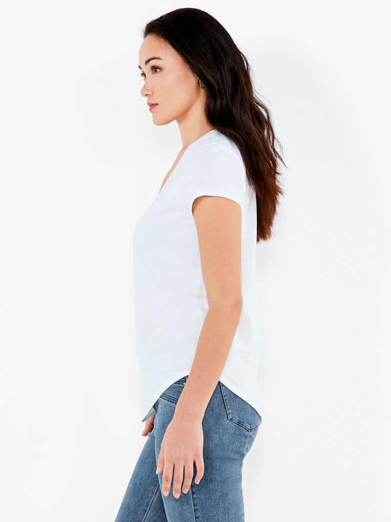 Woman Wears NZT Short Sleeve Rib Trim V Tee image number 2
