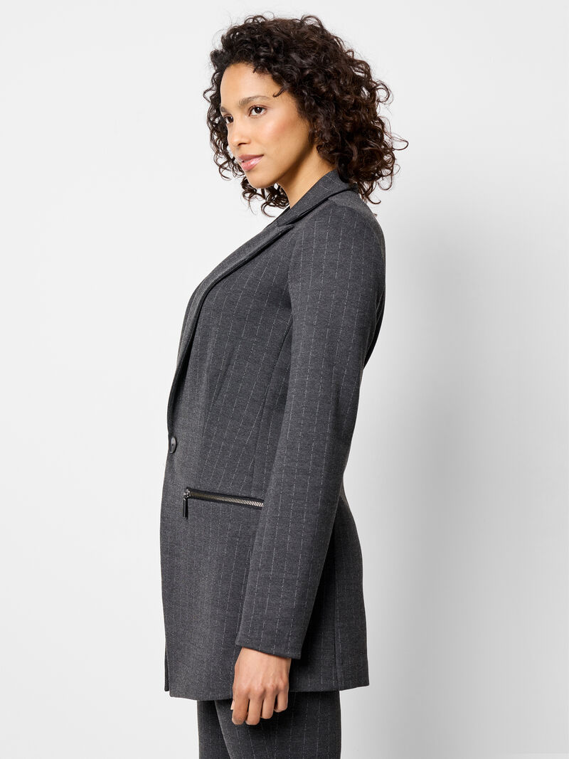 Woman Wears Pinstripe Knit Zip Jacket image number 4
