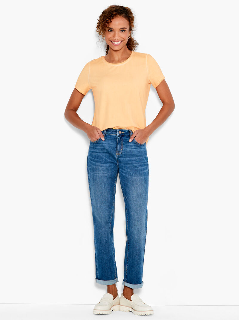 Woman Wears NZT Short Sleeve Shirt Tail Crew Neck Tee image number 3