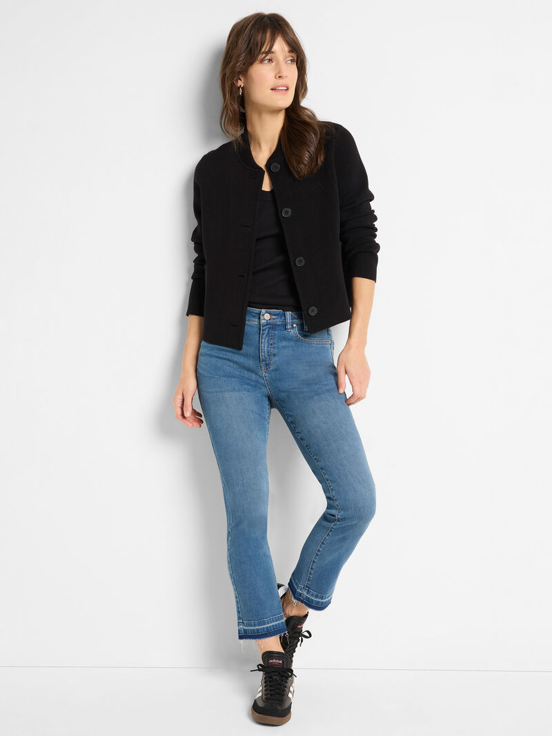 Woman Wears Knit Bomber Jacket image number 1