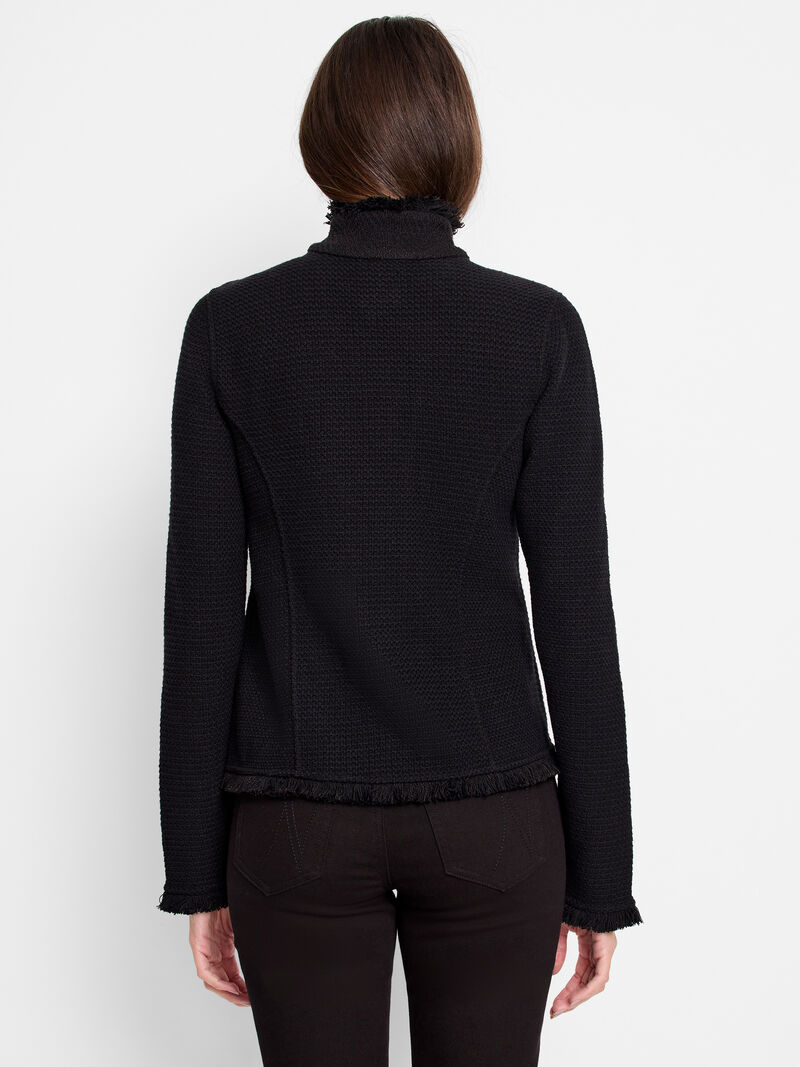 Woman Wears Collared Fringe Mix Knit Jacket image number 3
