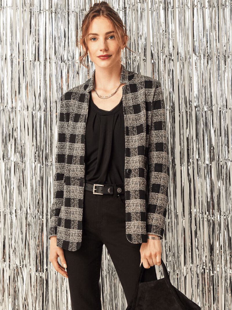 Woman Wears Perfectly Plaid Knit Blazer image number 5