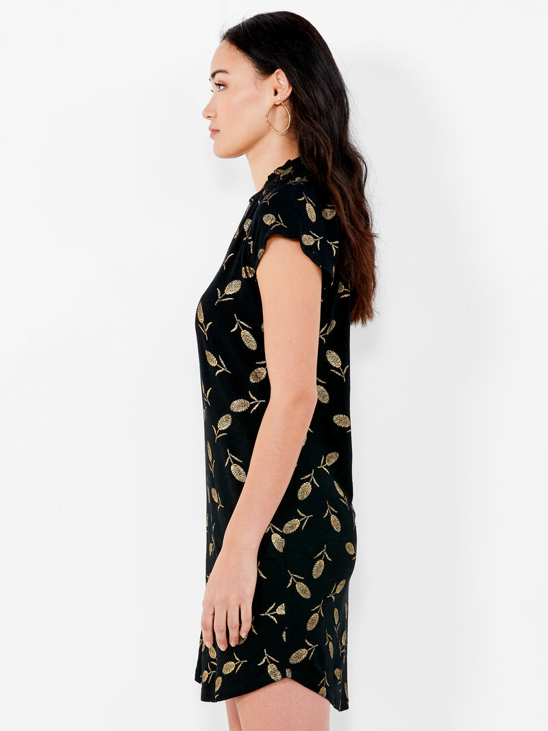 Woman Wears NZT Foil Short Sleeve Ruffle V Dress image number 2