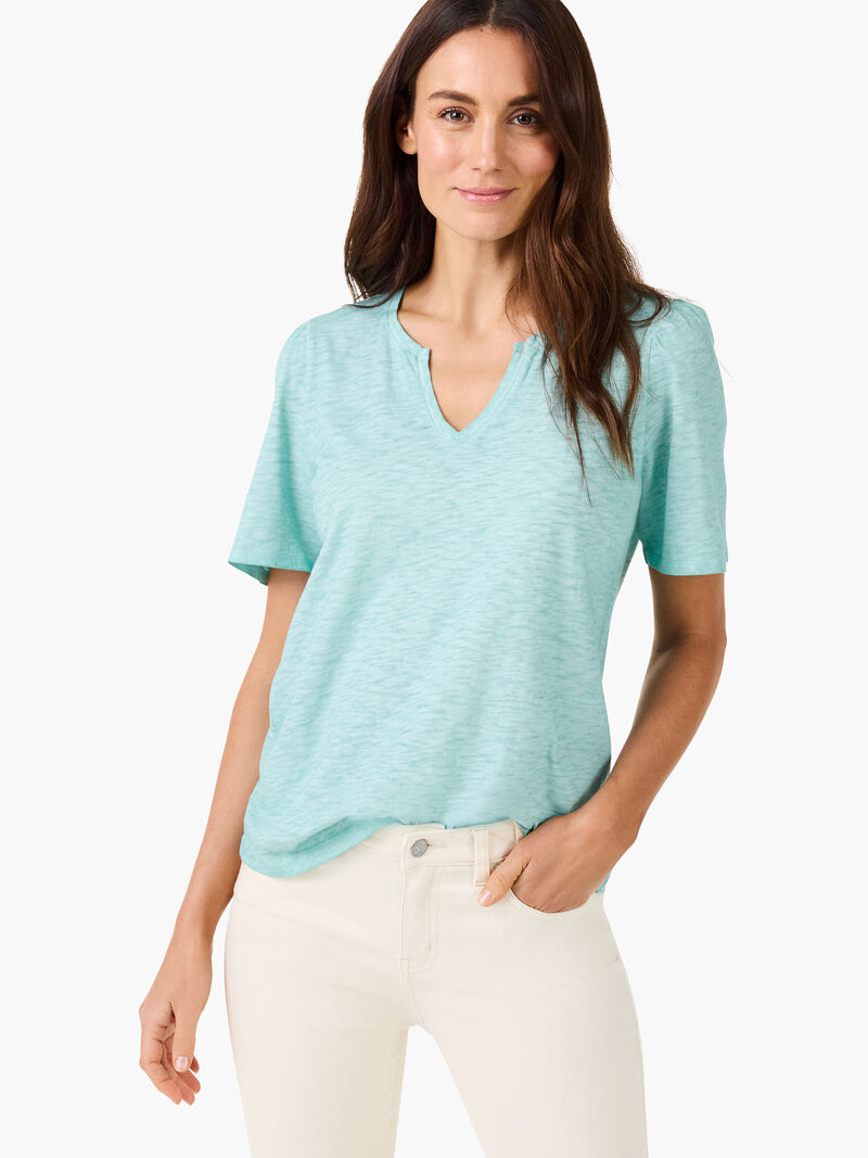 Woman Wears NZT Short Sleeve Split Neck Tee image number 0