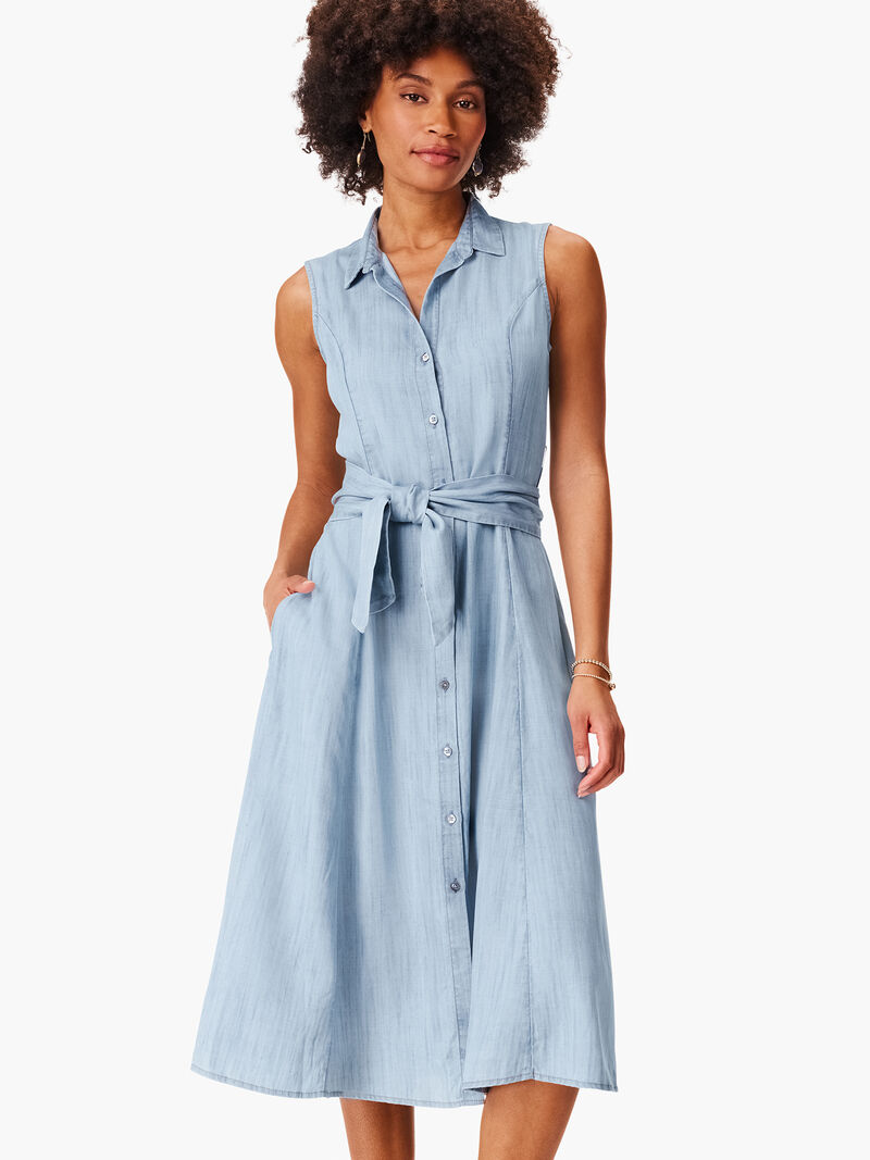 Woman Wears Drapey Denim Shirtdress image number 0