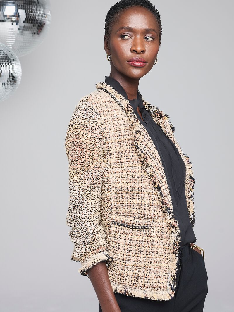 Woman Wears Chain Trim Fringe Mix Knit Jacket image number 0