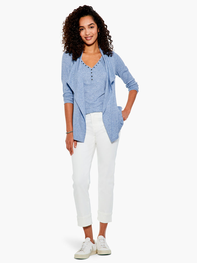 Woman Wears Speckled Knit Drape Cardigan image number 3