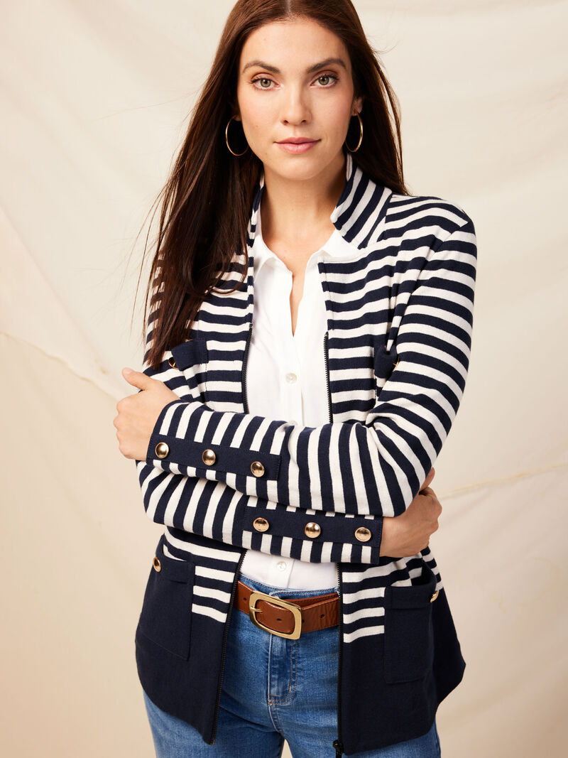 Woman Wears Striped City Charm Knit Blazer image number 0