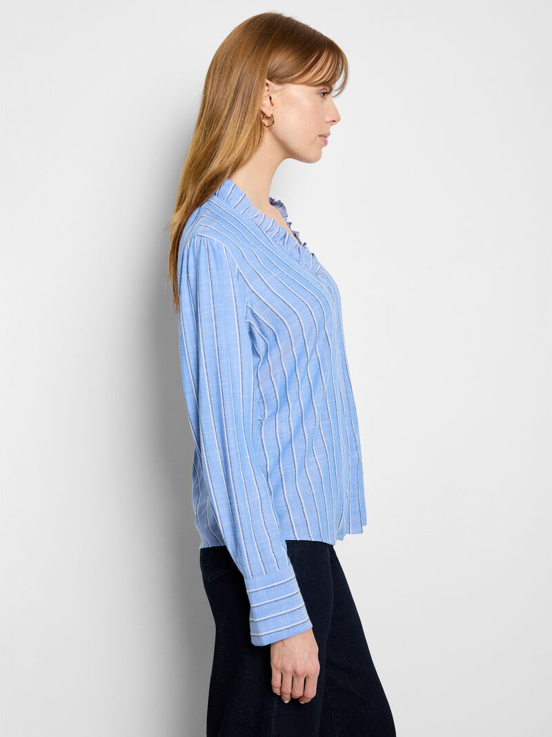 Woman Wears Striped Ruffled Around Top image number 3