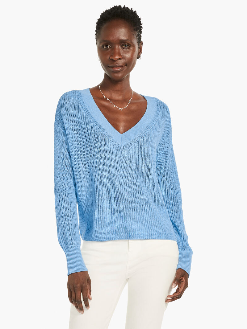 Woman Wears Textural V-Neck Summer Sweater image number 3