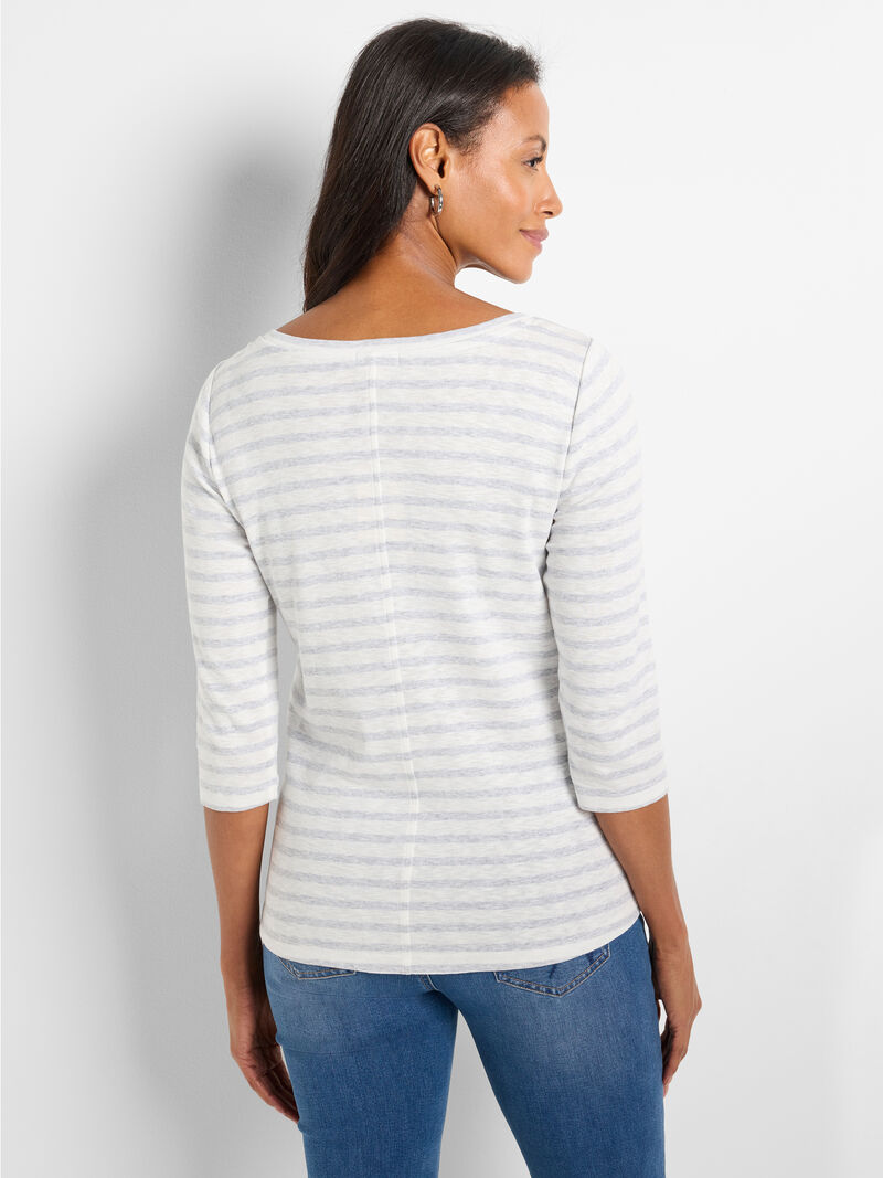Woman Wears NZT 3/4 Sleeve Stripe Boat Tee image number 2