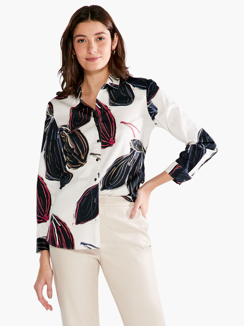 Woman Wears Stamped Flowers Shirt image number 1