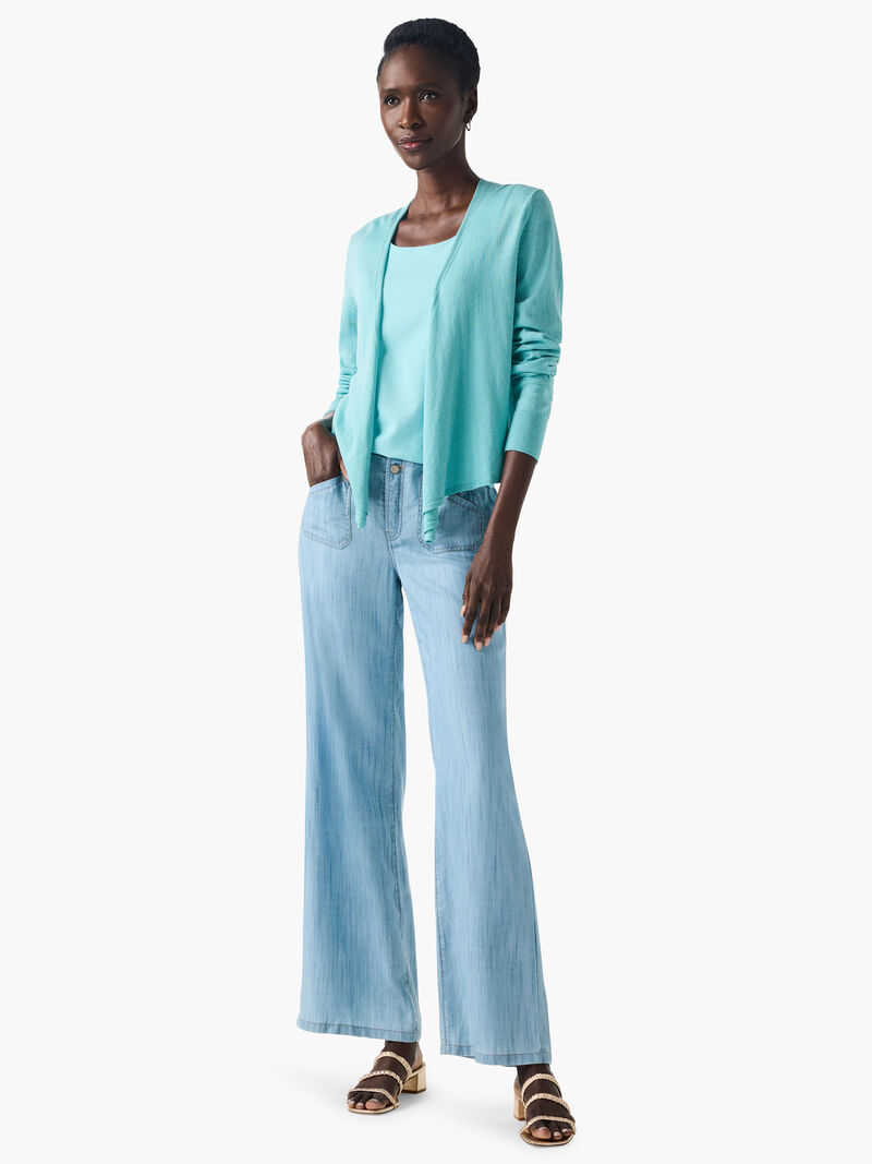 Woman Wears 31" Drapey Denim Wide Leg Jeans image number 1