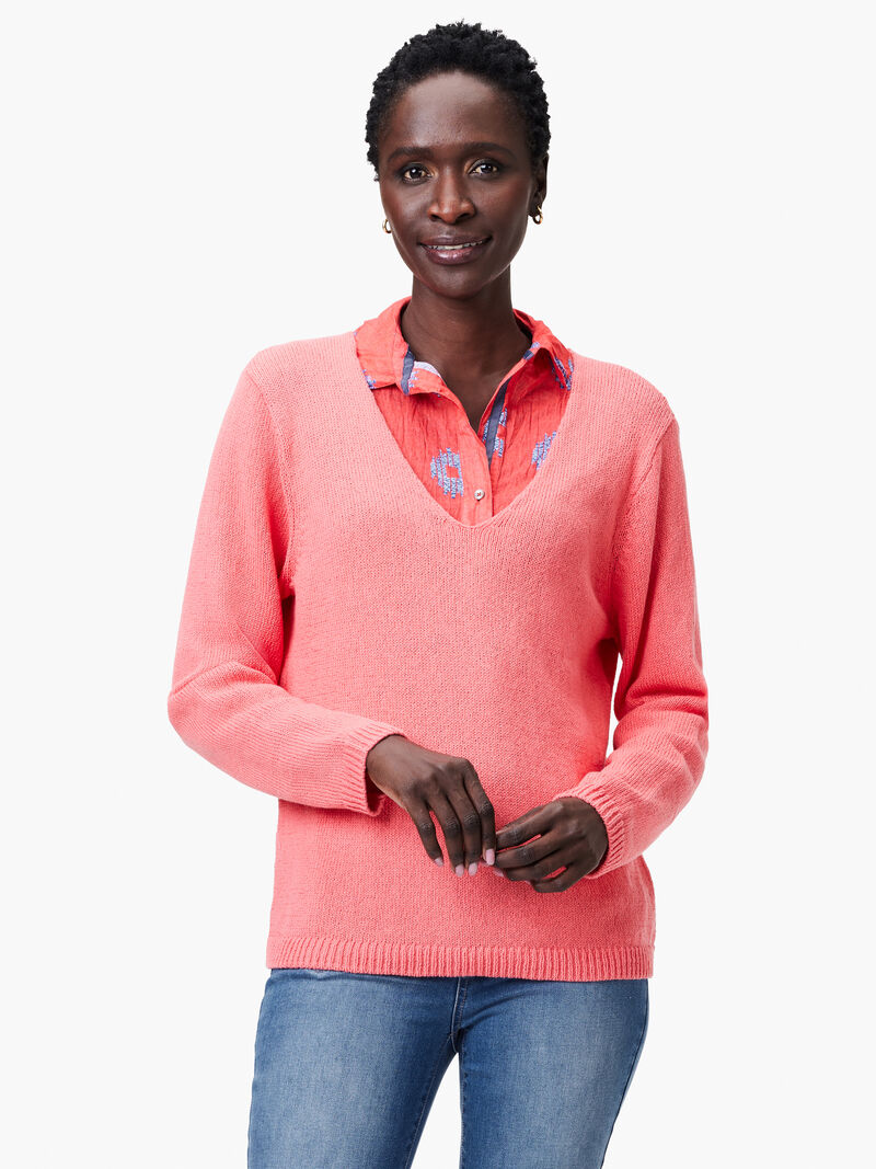Woman Wears Cotton Cord Soft V-Neck Sweater image number 0