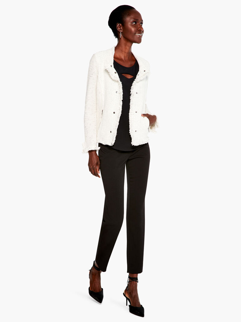 Woman Wears Collared Fringe Mix Knit Jacket image number 3
