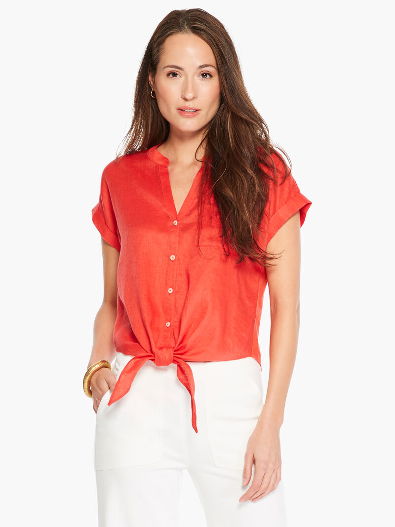 Woman Wears Mixed Media Tie Front Shirt image number 1