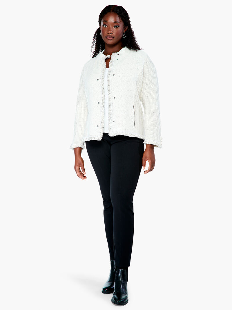 Woman Wears Collared Fringe Mix Knit Jacket image number 3