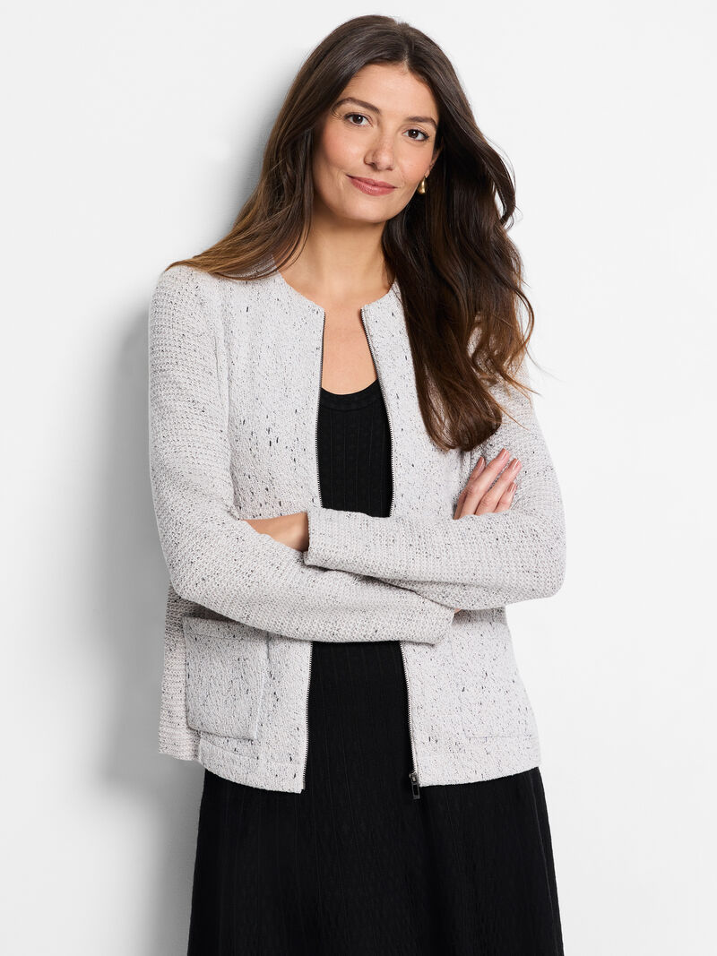 Woman Wears Zip Front Mix Knit Jacket image number 0