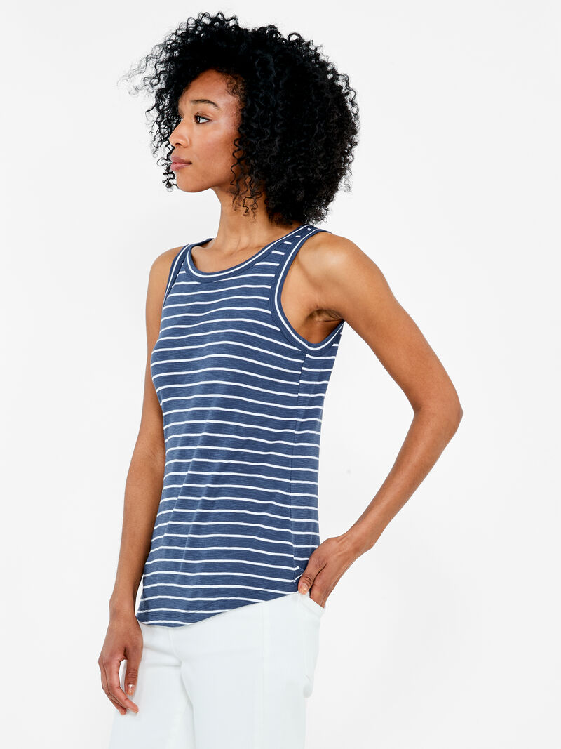 Woman Wears NZT Striped Boat Neck Tank image number 1
