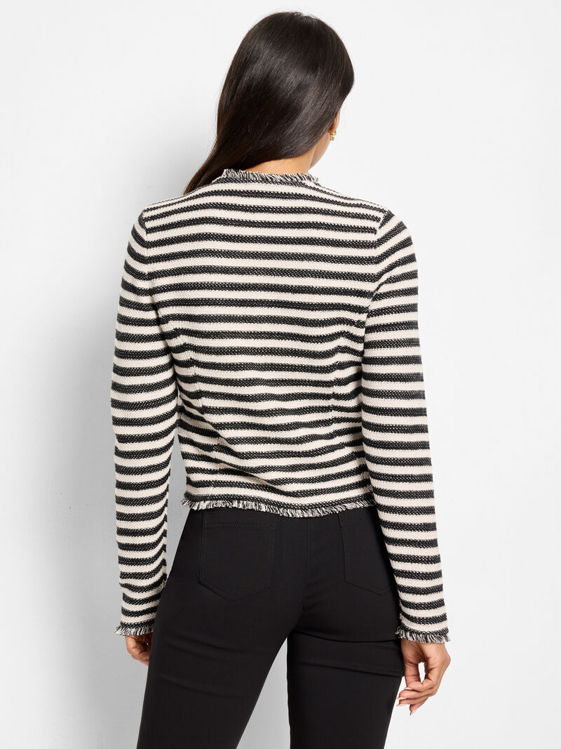 Woman Wears Striped Fringe Mix Femme Knit Jacket image number 3