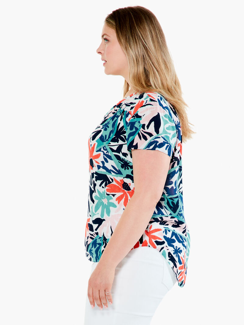 Woman Wears Tropical Patchwork Top image number 1