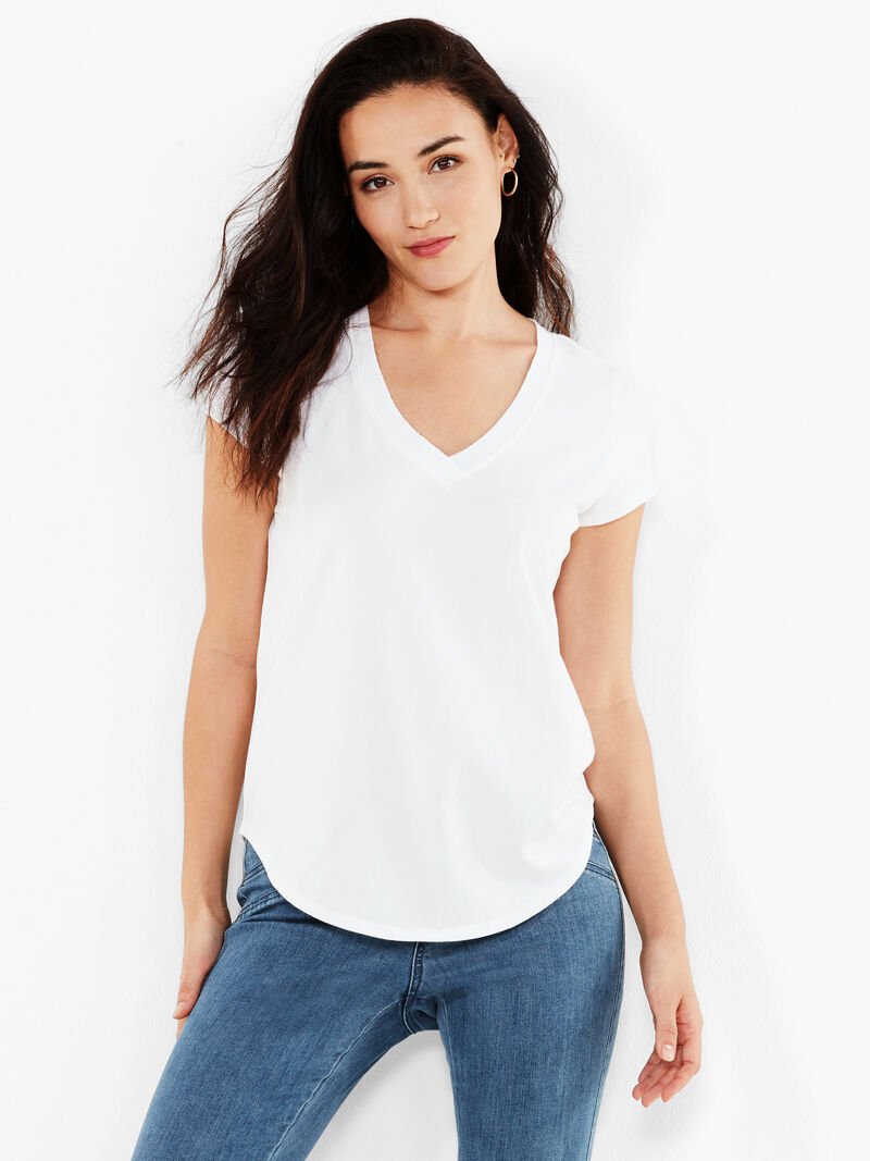 Woman Wears NZT Short Sleeve Rib Trim V Tee image number 1