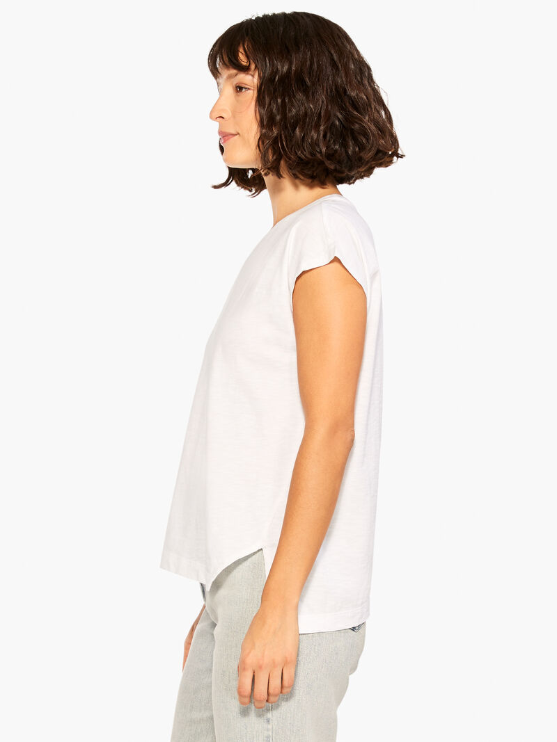 Woman Wears NZT Short Sleeve Crew Asymmetrical Tee image number 1