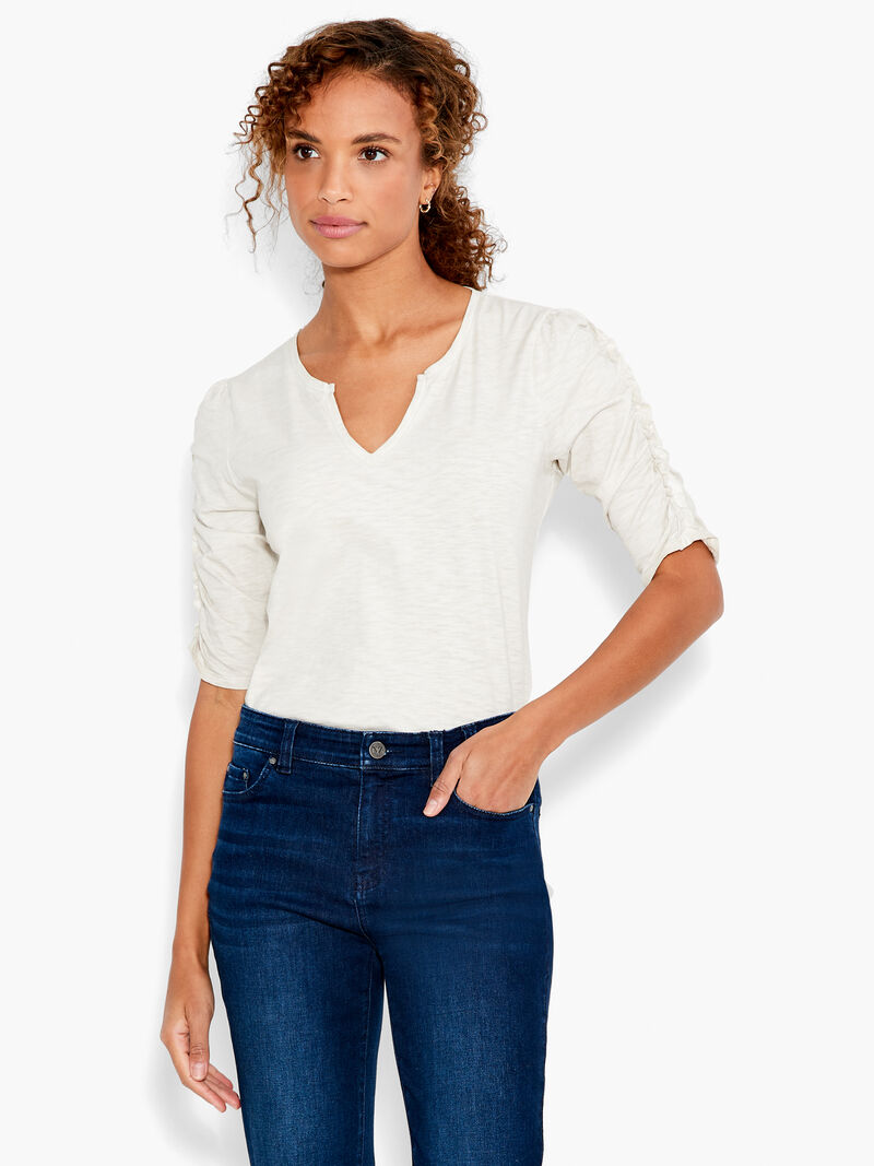 Woman Wears NZT Ruched Elbow Sleeve Split Neck image number 0